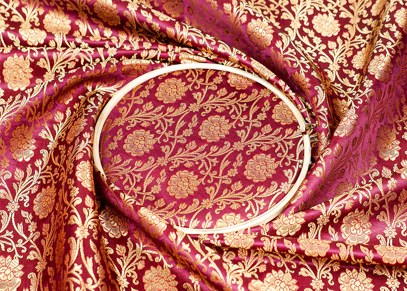 Wine Banarasi Brocade Fabric With Allover Golden Zari Handloom 15952