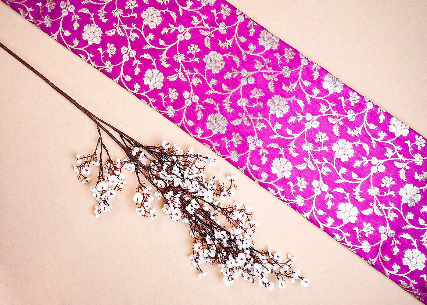 Purple Banarasi Brocade Fabric With Allover Silver And Golden Zari Handloom 15972