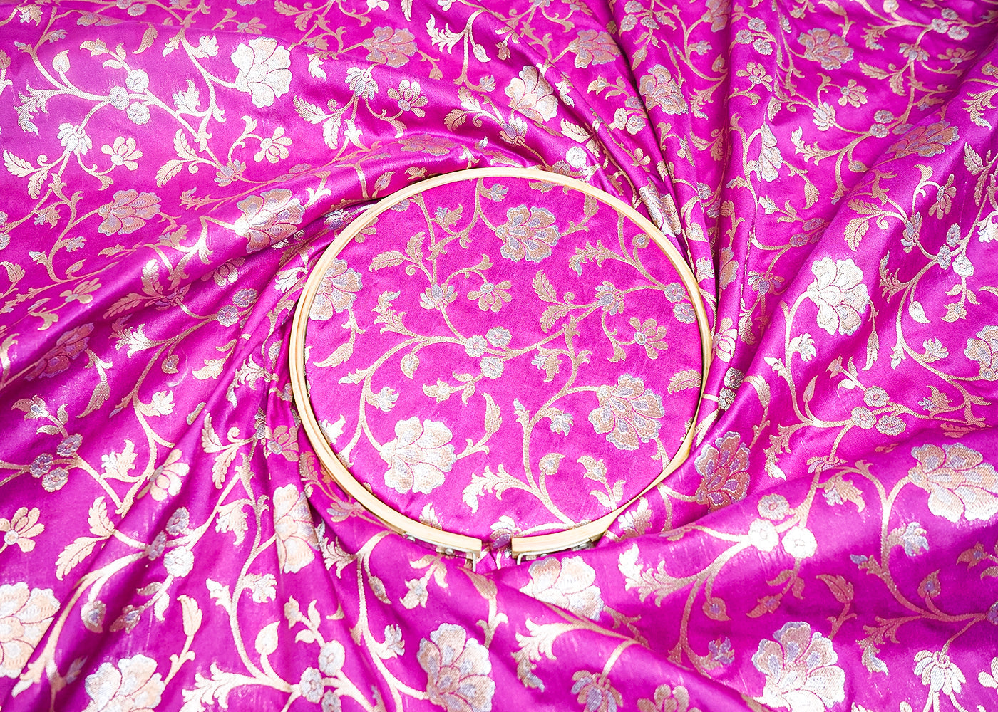 Purple Banarasi Brocade Fabric With Allover Silver And Golden Zari Handloom 15972