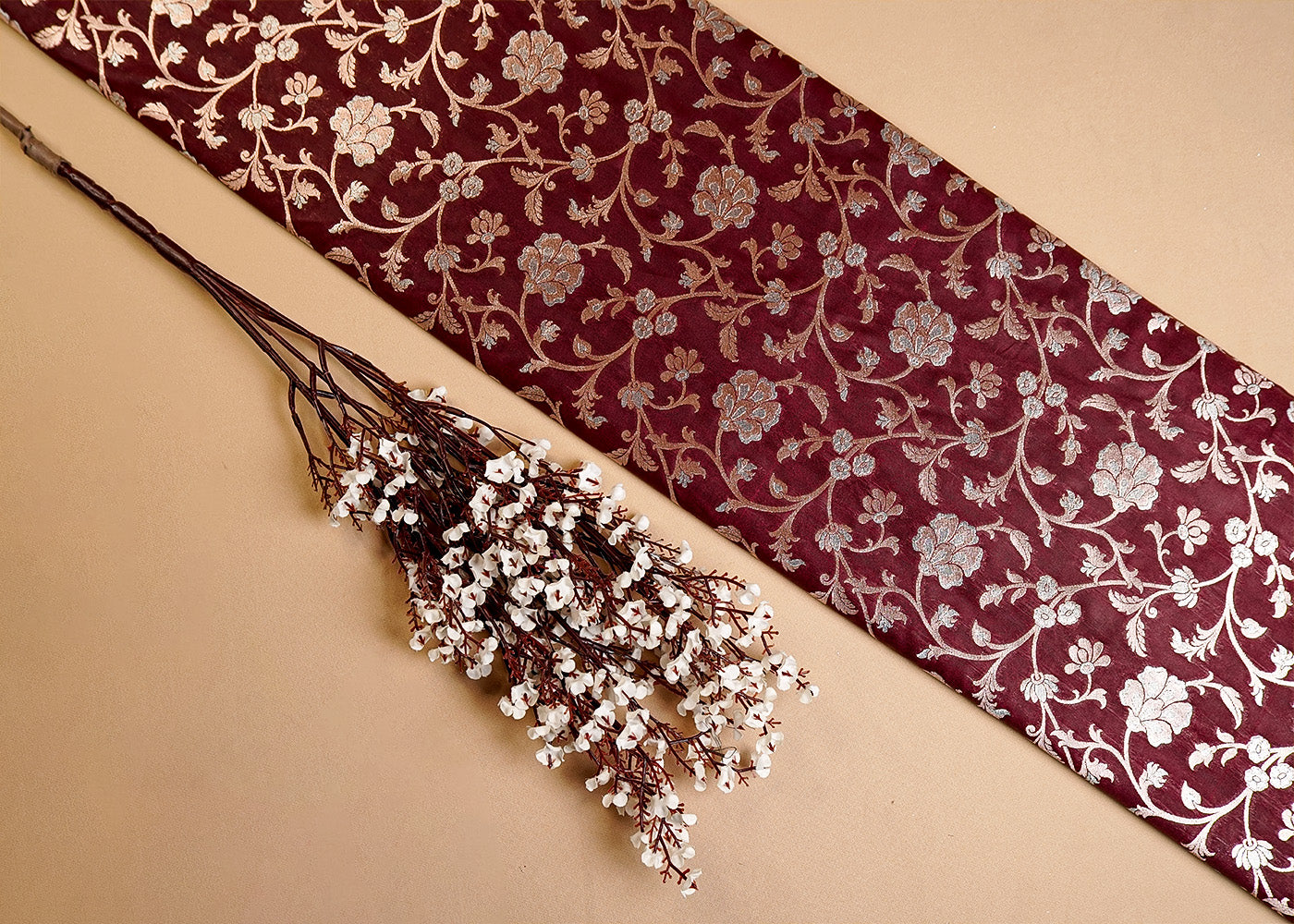Maroon Banarasi Brocade Fabric With Allover Silver And Golden Zari Handloom 15973