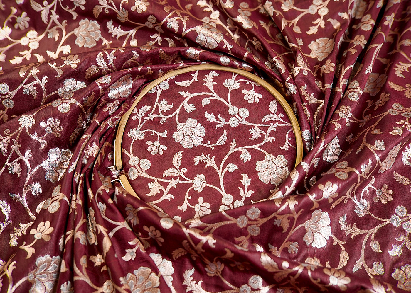 Maroon Banarasi Brocade Fabric With Allover Silver And Golden Zari Handloom 15973