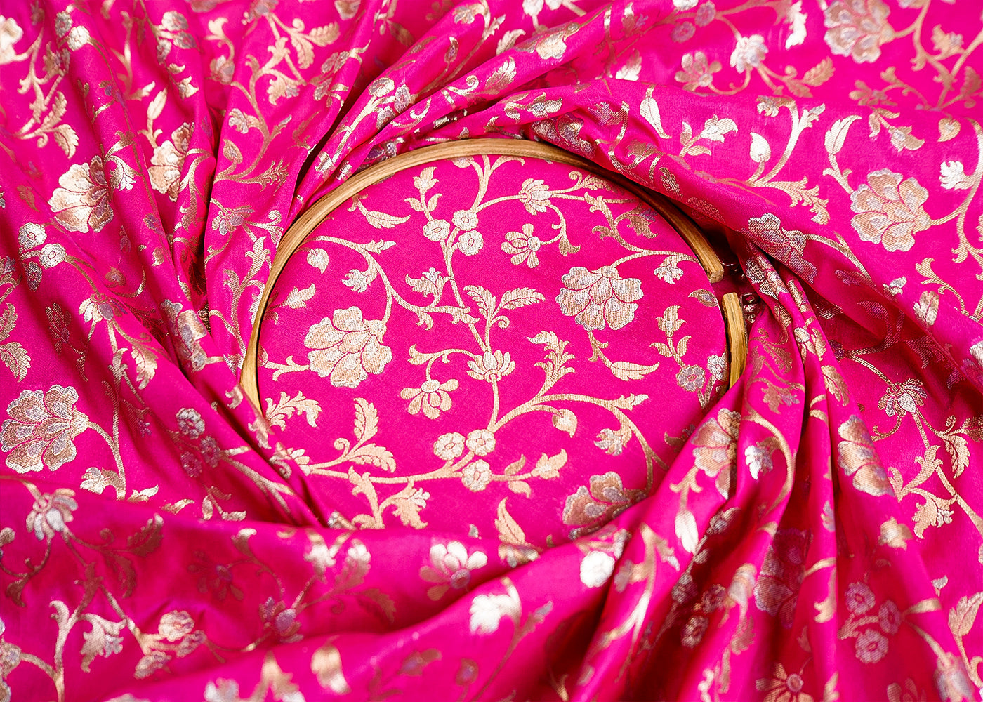 Pink Banarasi Brocade Fabric With Allover Silver And Golden Zari Handloom 15974
