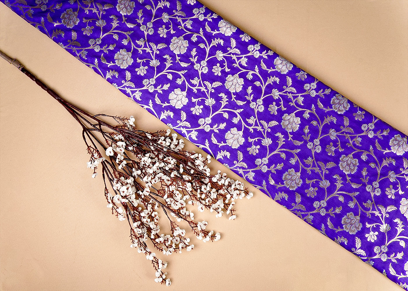 Violet Banarasi Brocade Fabric With Allover Golden Zari Handloom 15975
