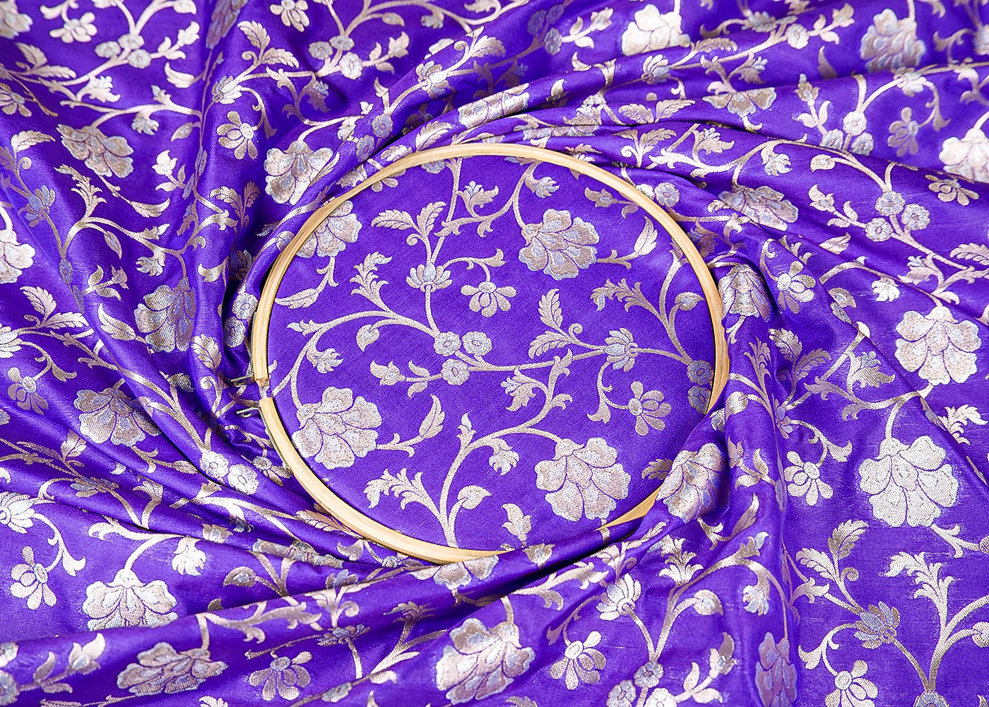 Violet Banarasi Brocade Fabric With Allover Golden Zari Handloom 15975