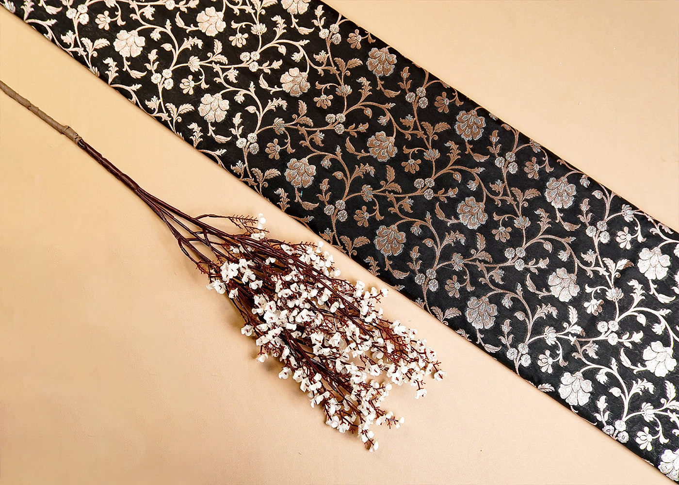 Black Banarasi Brocade Fabric With Allover Silver And Golden Zari Handloom 15977