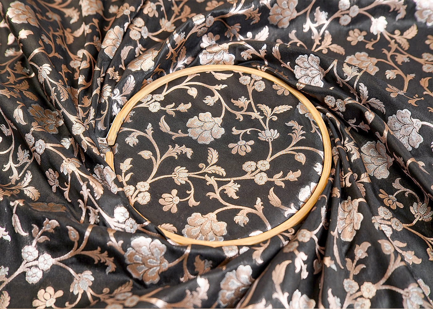 Black Banarasi Brocade Fabric With Allover Silver And Golden Zari Handloom 15977