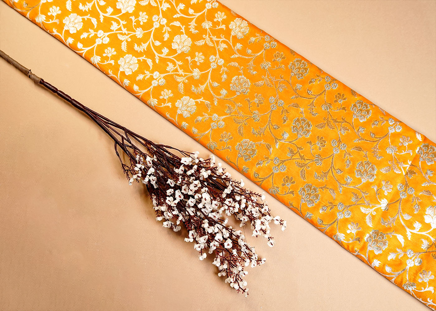 Yellow Banarasi Brocade Fabric With Allover Silver And Golden Zari Handloom 15978
