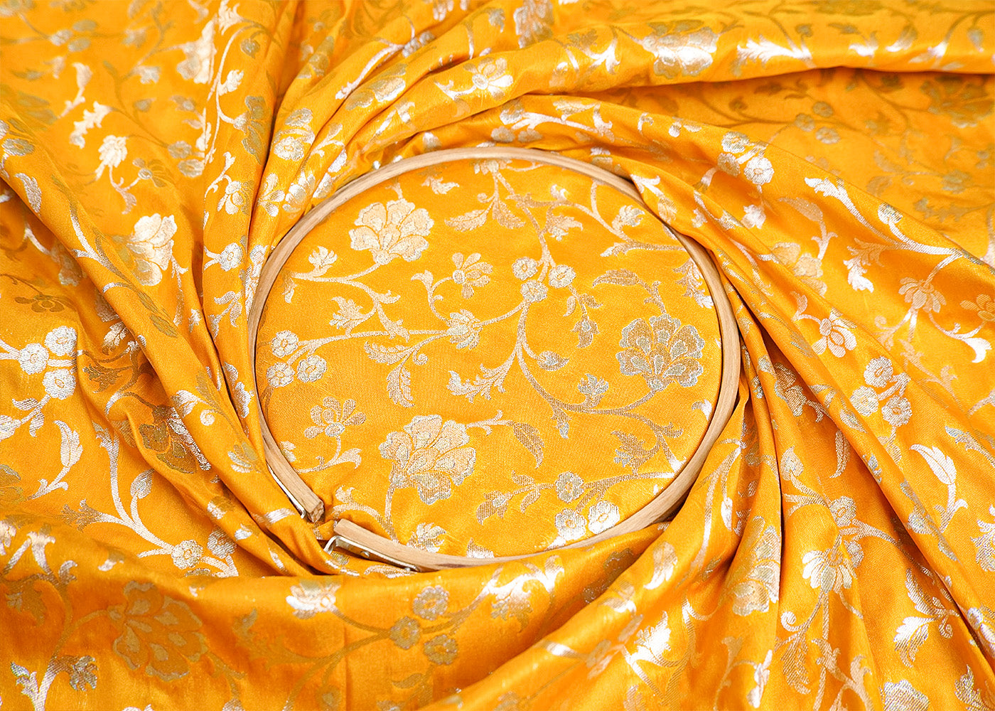 Yellow Banarasi Brocade Fabric With Allover Silver And Golden Zari Handloom 15978