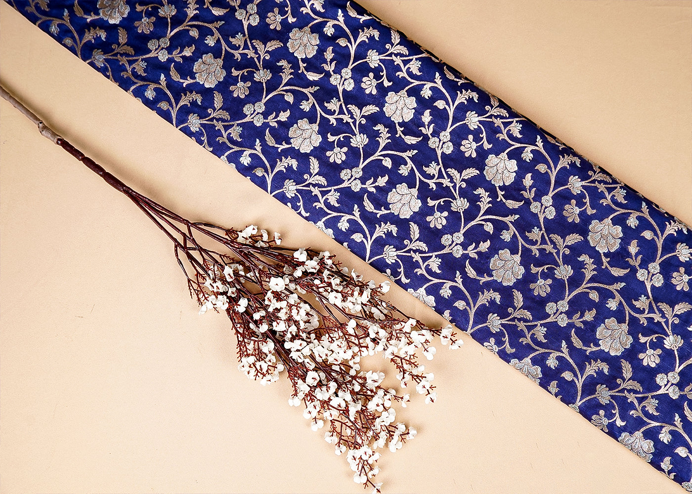 Navy Blue Banarasi Brocade Fabric With Allover Golden Zari Handloom 15979