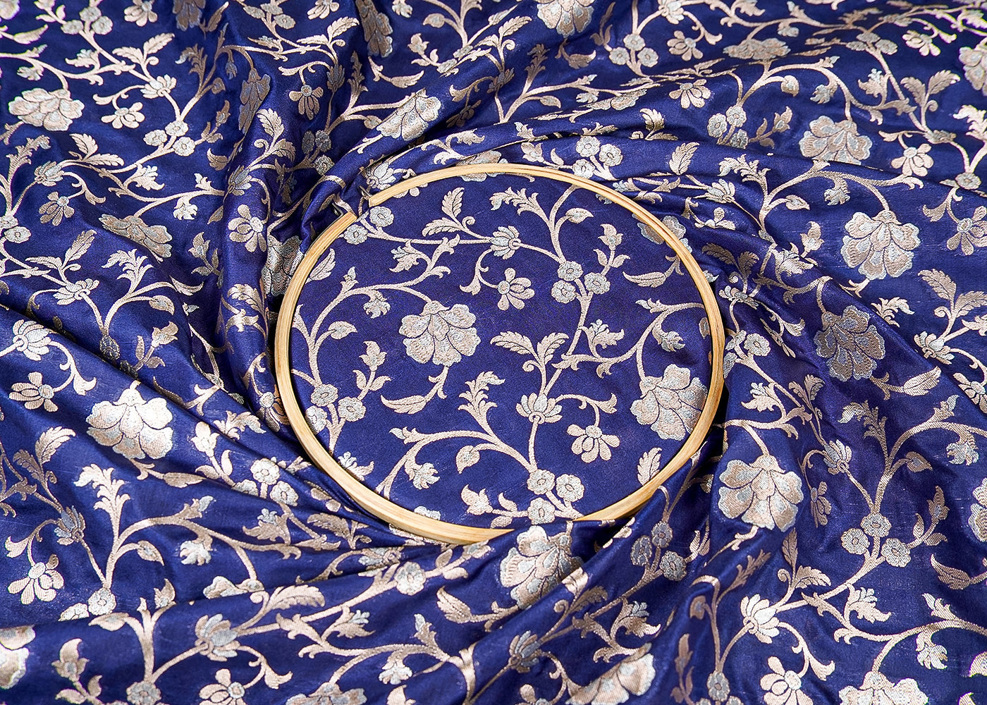 Navy Blue Banarasi Brocade Fabric With Allover Golden Zari Handloom 15979