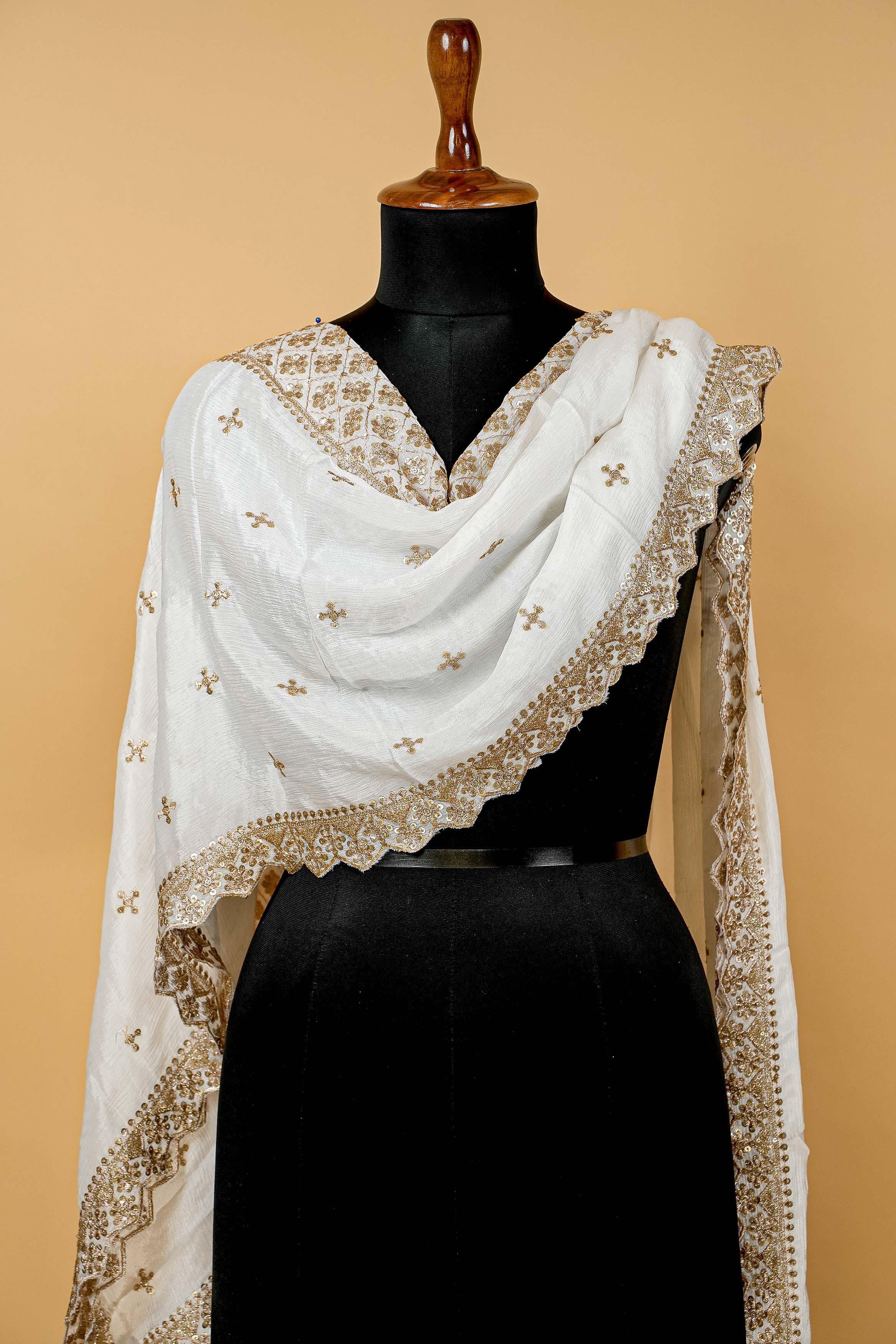 White Dupatta with Zari,sequins,threadwork and Scallop Border