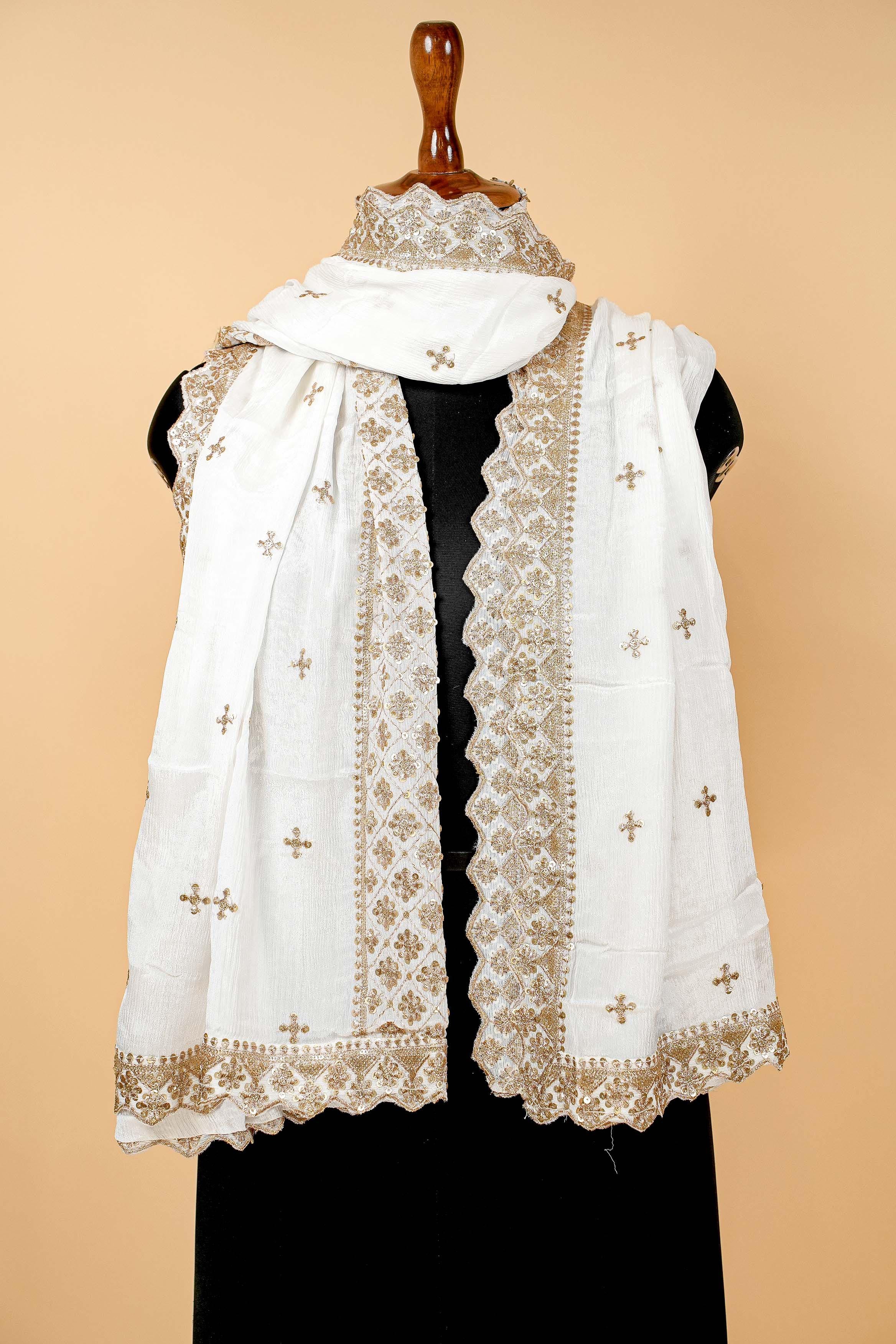 White Dupatta with Zari,sequins,threadwork and Scallop Border