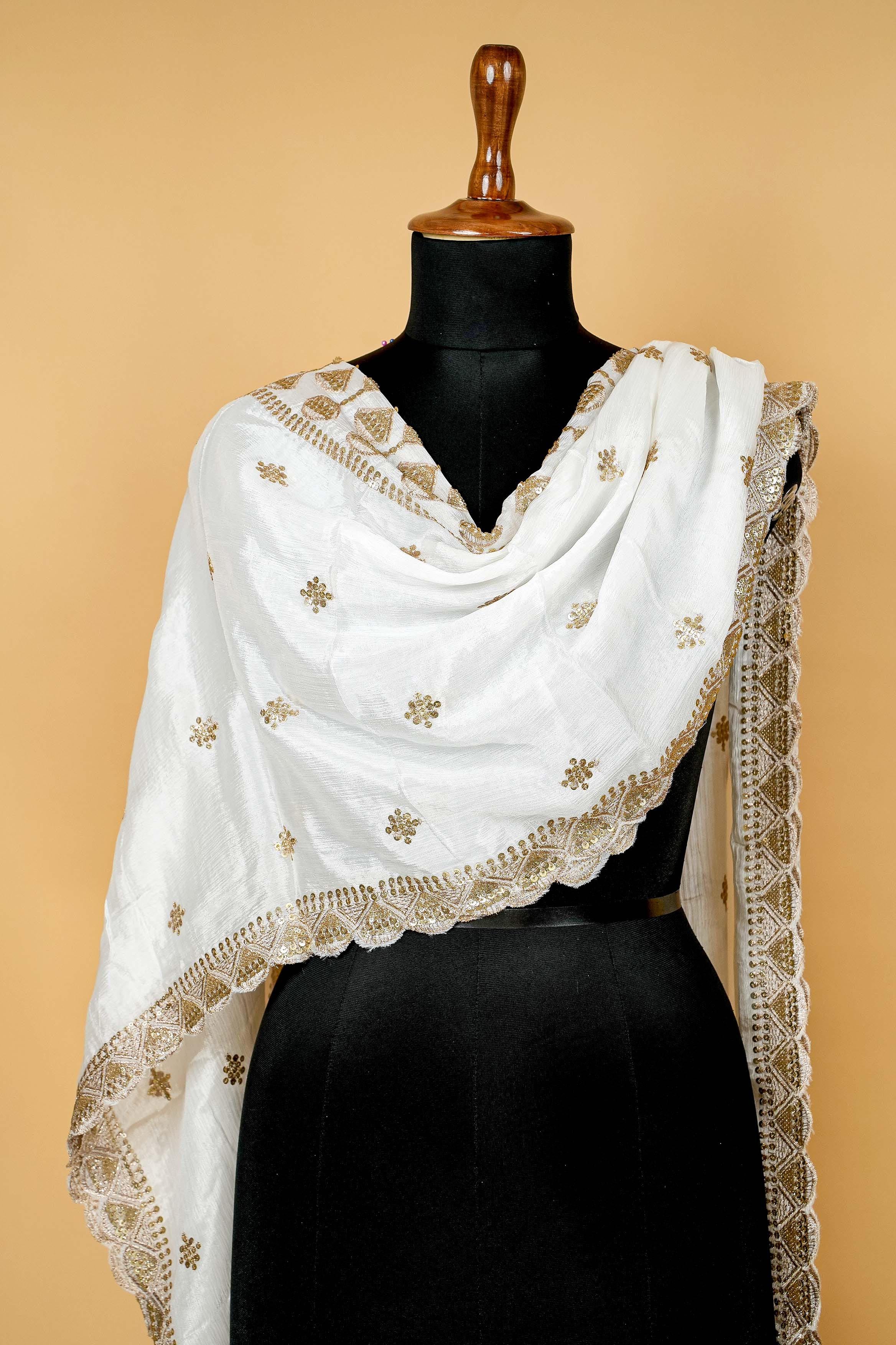 White Dupatta with Zari,sequins and Scallop Border