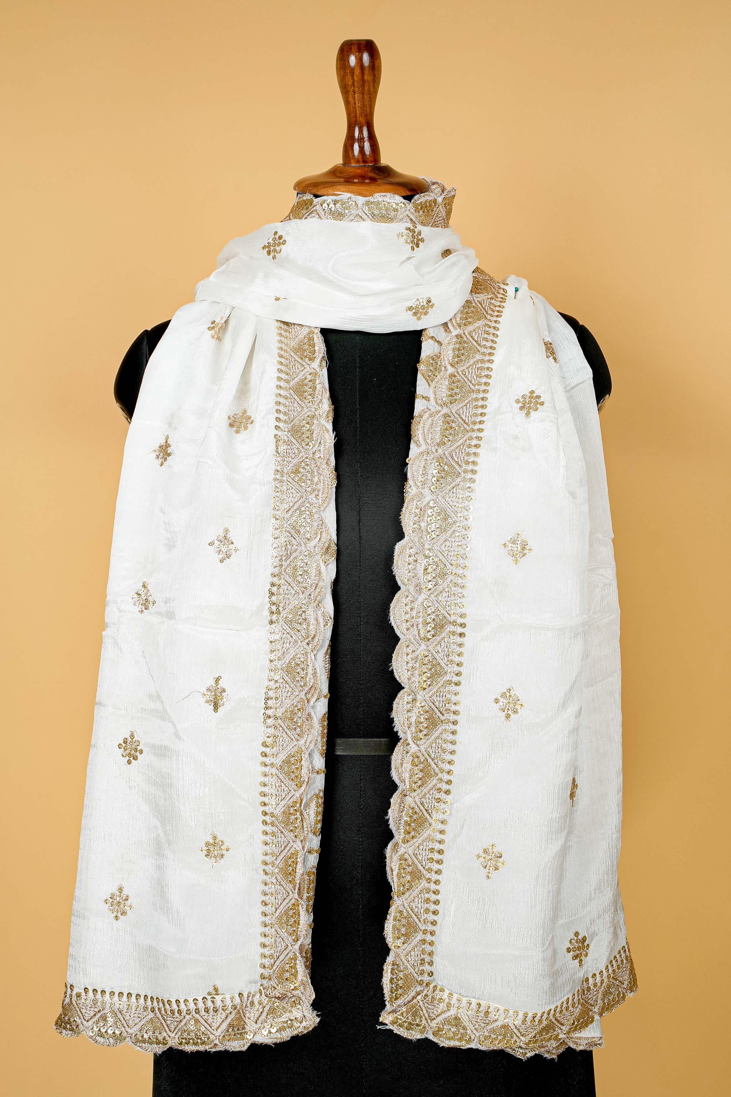 White Dupatta with Zari,sequins and Scallop Border