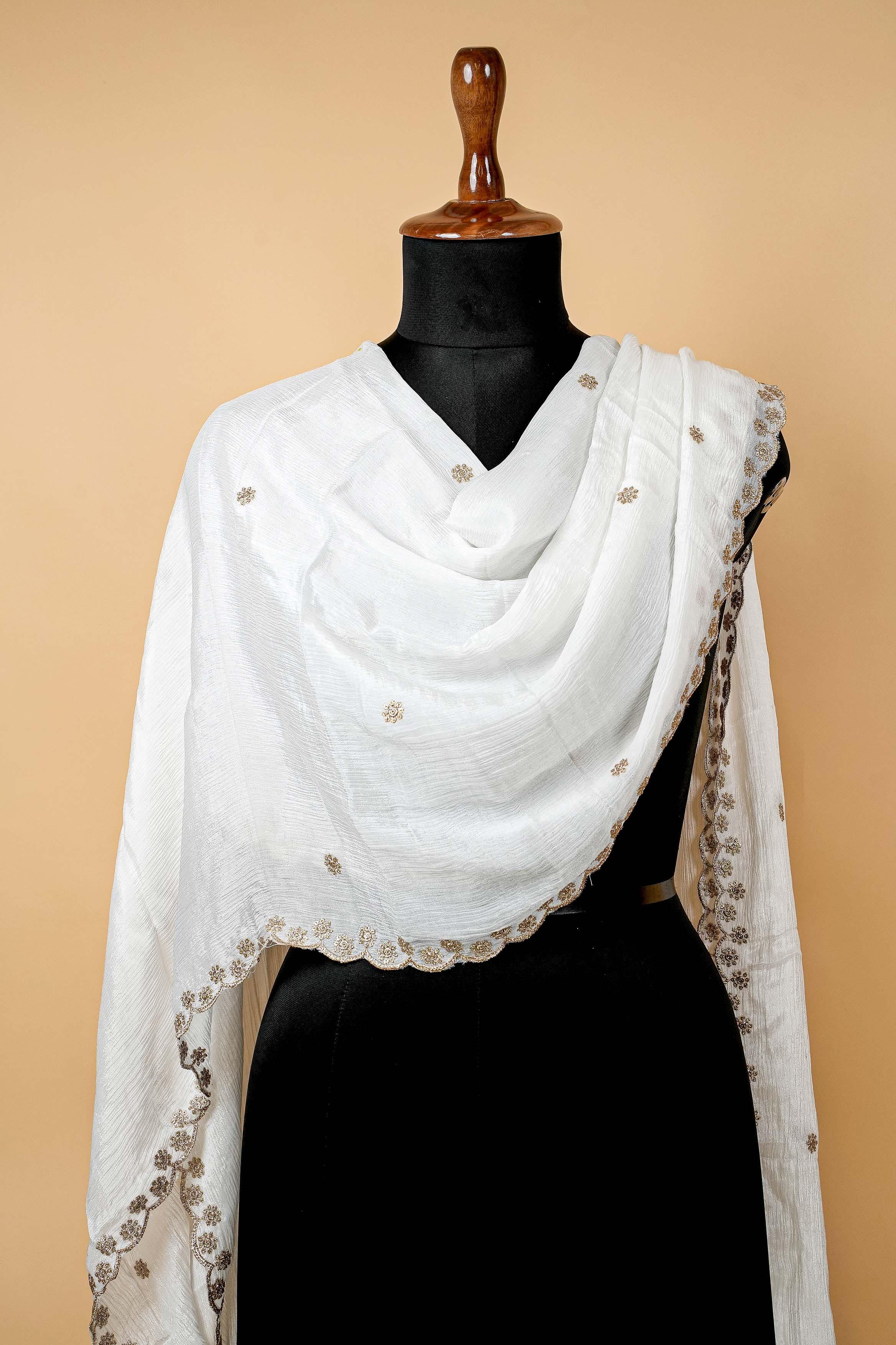 White Dupatta with Zari,sequins and Scallop Border