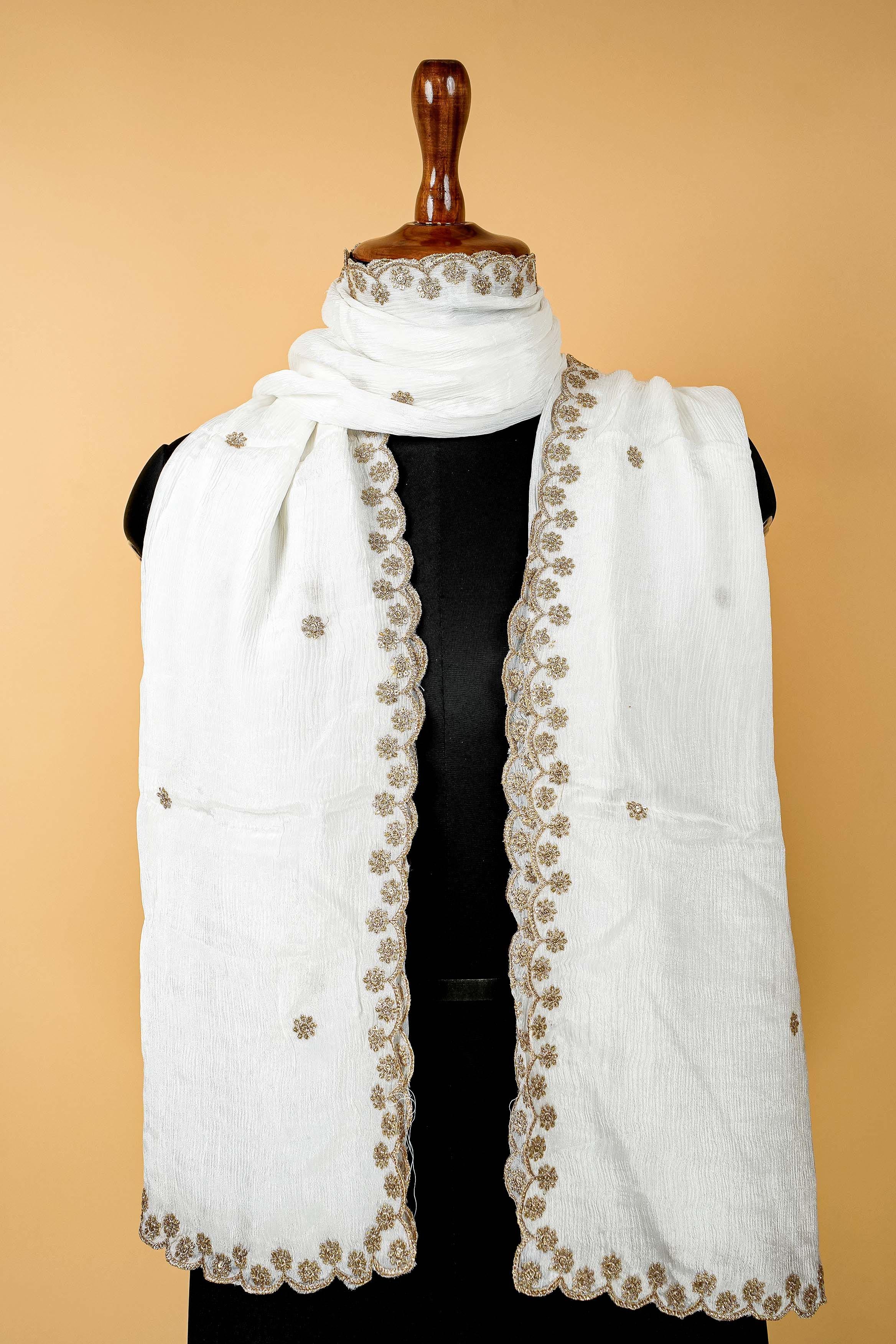 White Dupatta with Zari,sequins and Scallop Border