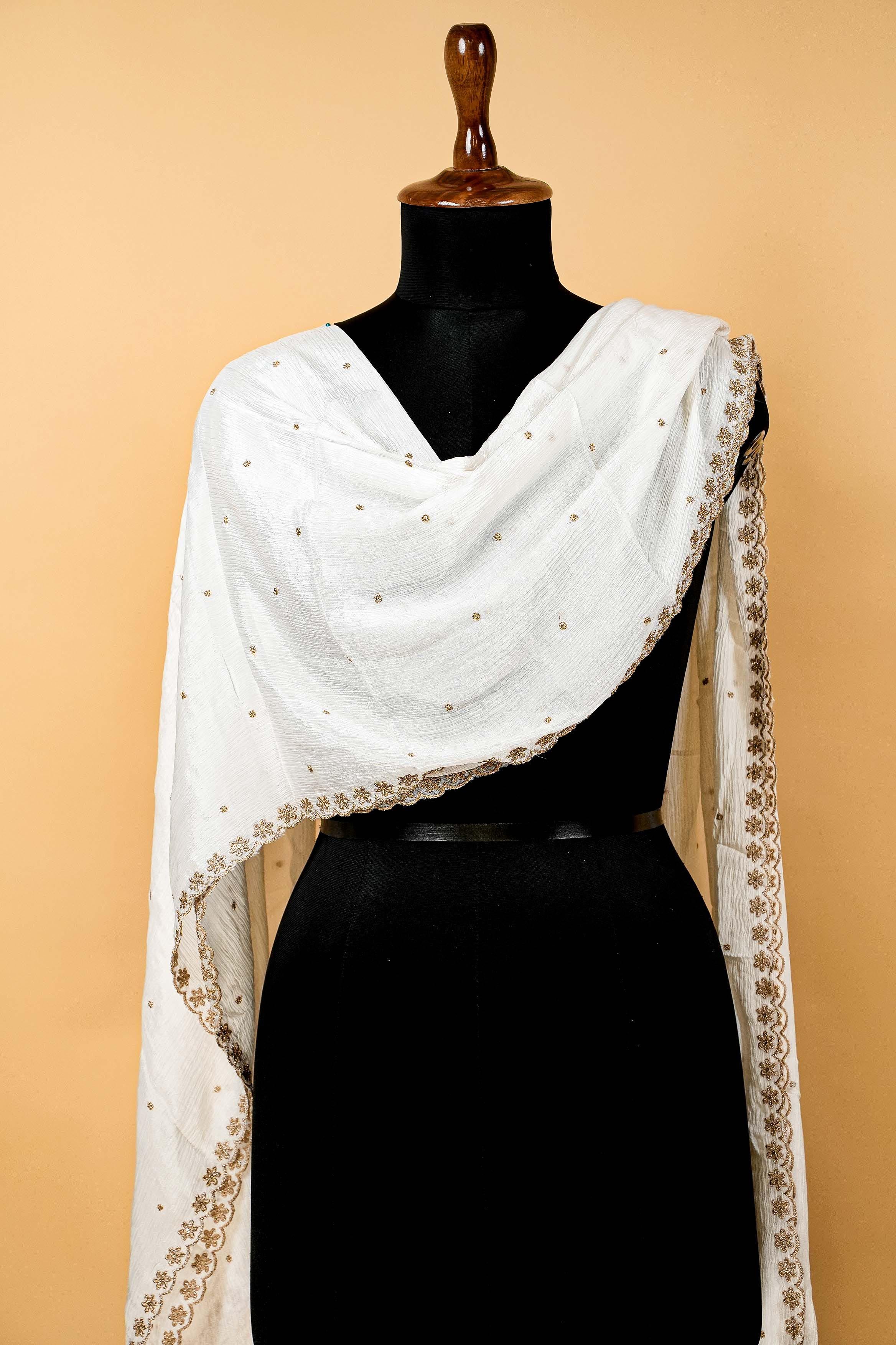 White Dupatta with Zari work and Scallop Border