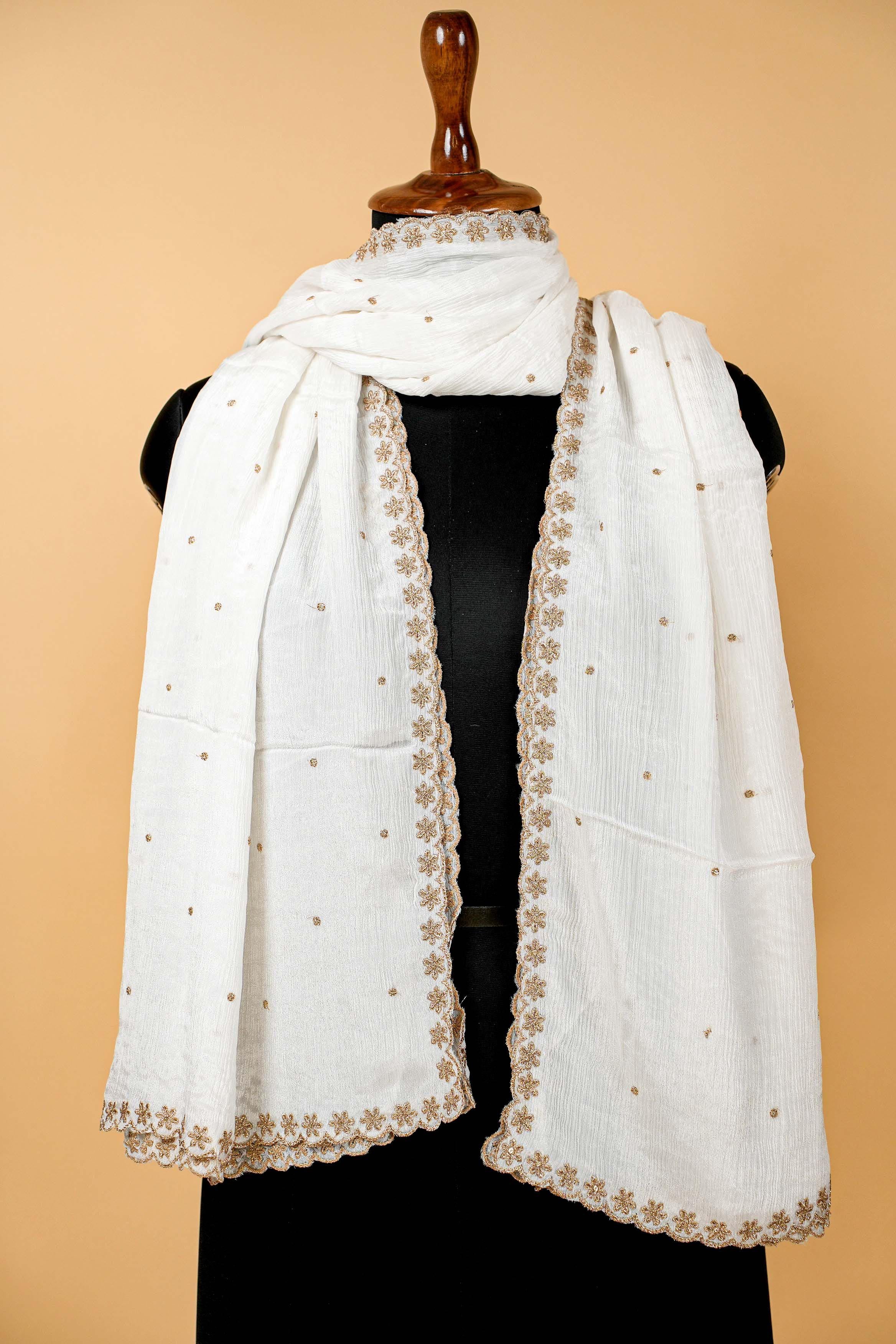 White Dupatta with Zari work and Scallop Border