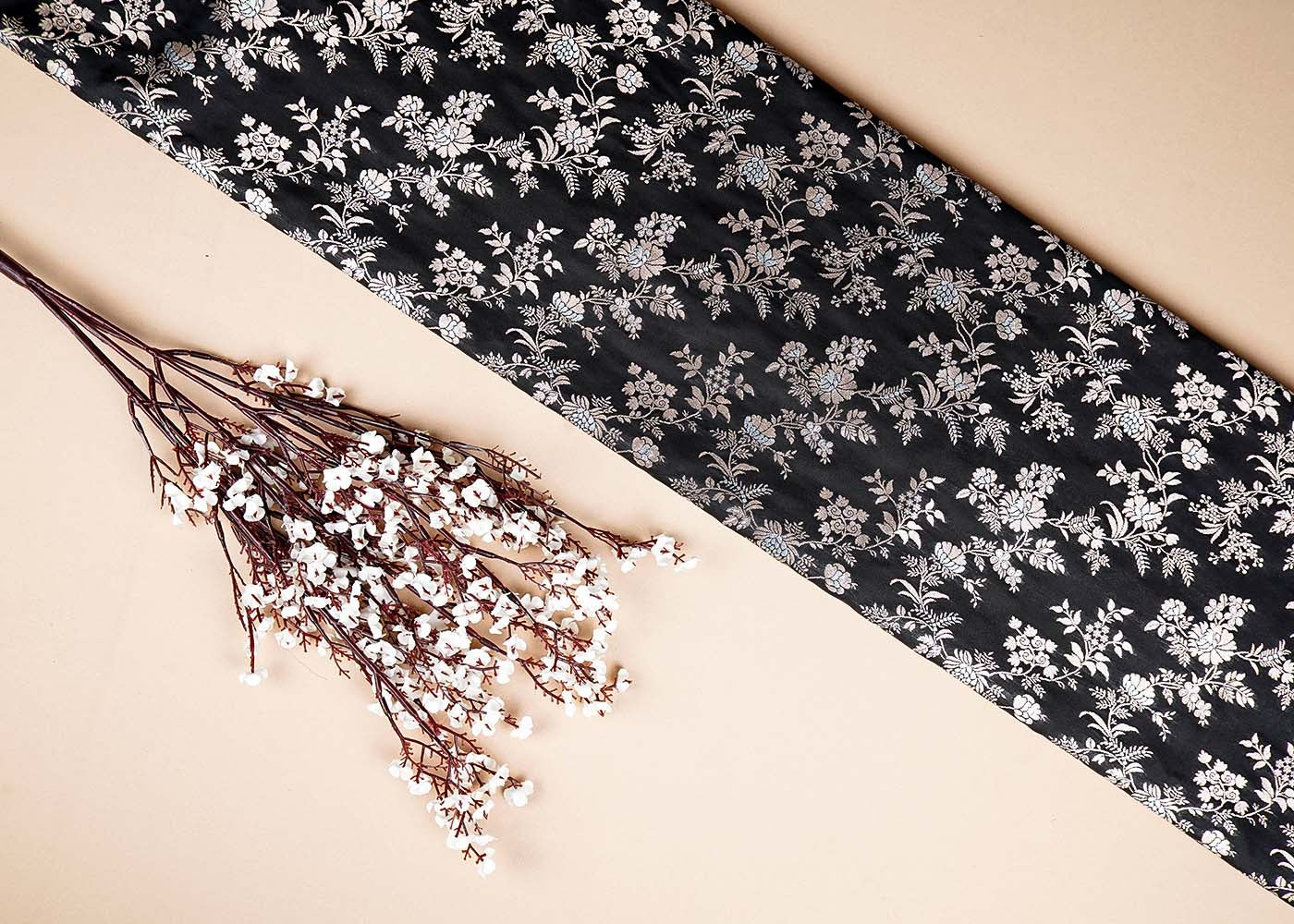 Black Banarasi Brocade Fabric With Allover Silver And Golden Zari Handloom 15980