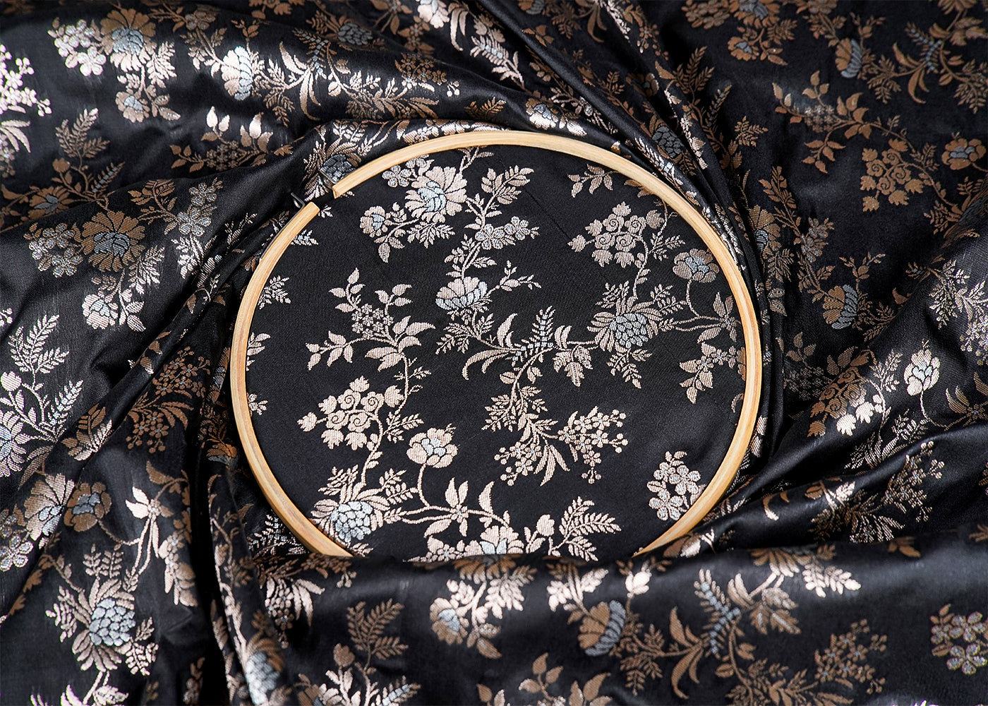 Black Banarasi Brocade Fabric With Allover Silver And Golden Zari Handloom 15980