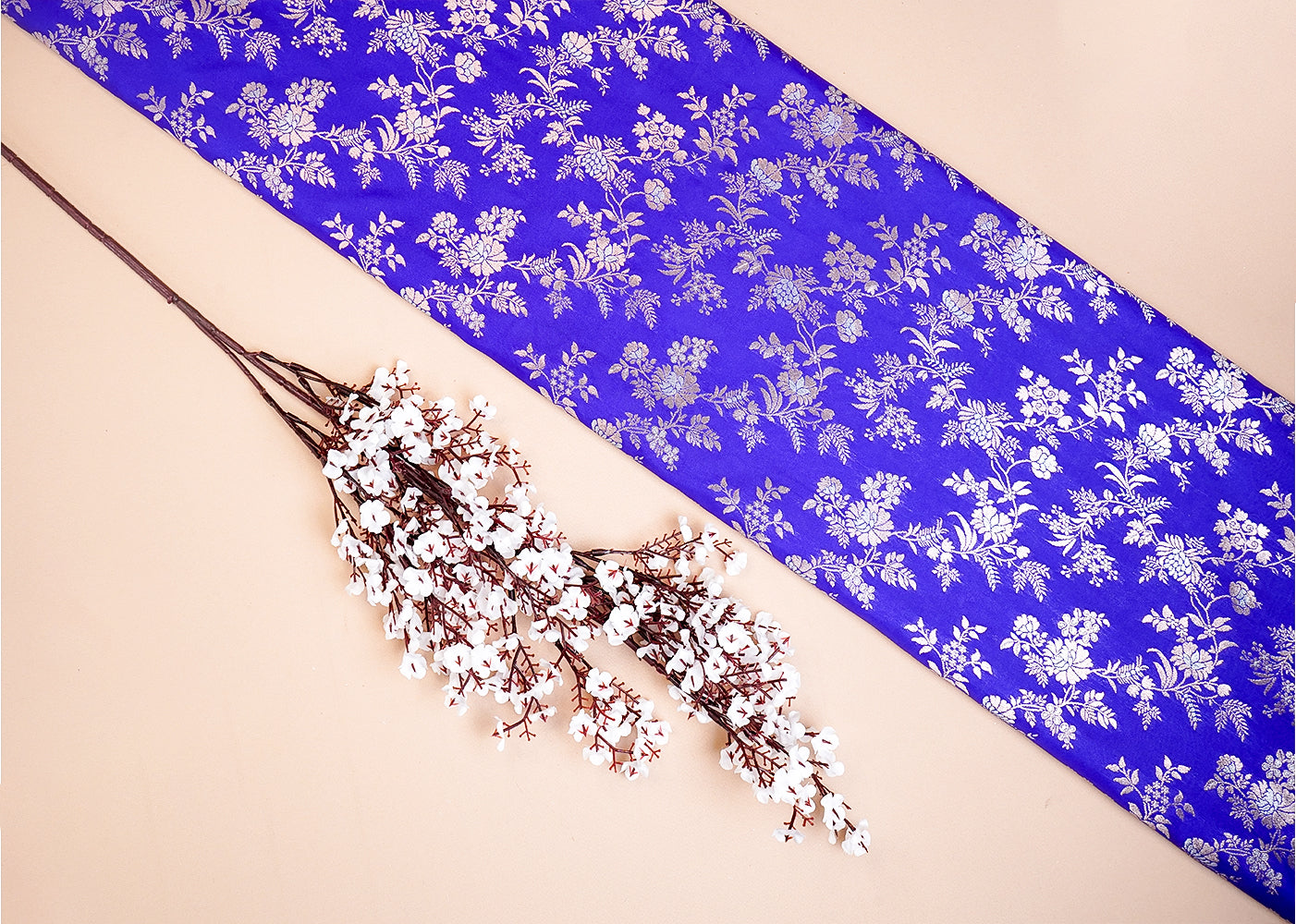 Purple Banarasi Brocade Fabric With Allover Silver And Golden Zari Handloom 15981