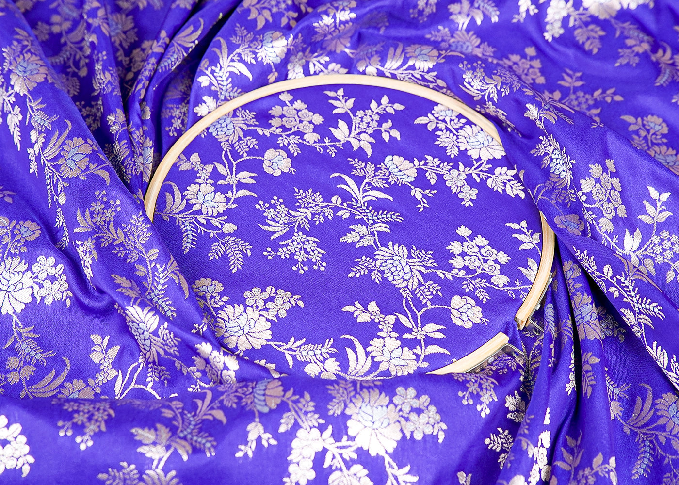 Purple Banarasi Brocade Fabric With Allover Silver And Golden Zari Handloom 15981
