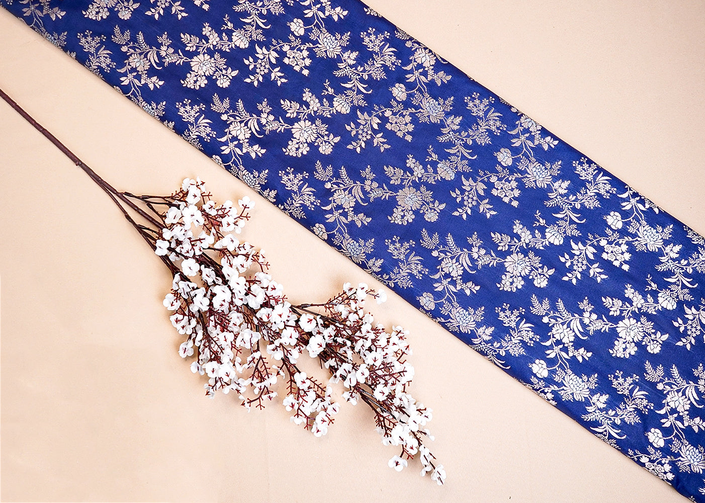Navy Blue Banarasi Brocade Fabric With Allover Silver And Golden Zari Handloom 15982