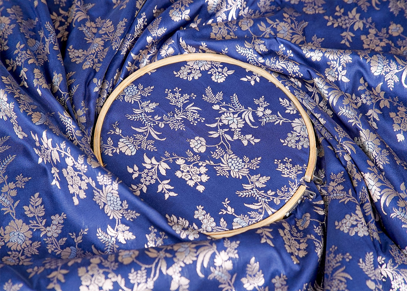 Navy Blue Banarasi Brocade Fabric With Allover Silver And Golden Zari Handloom 15982