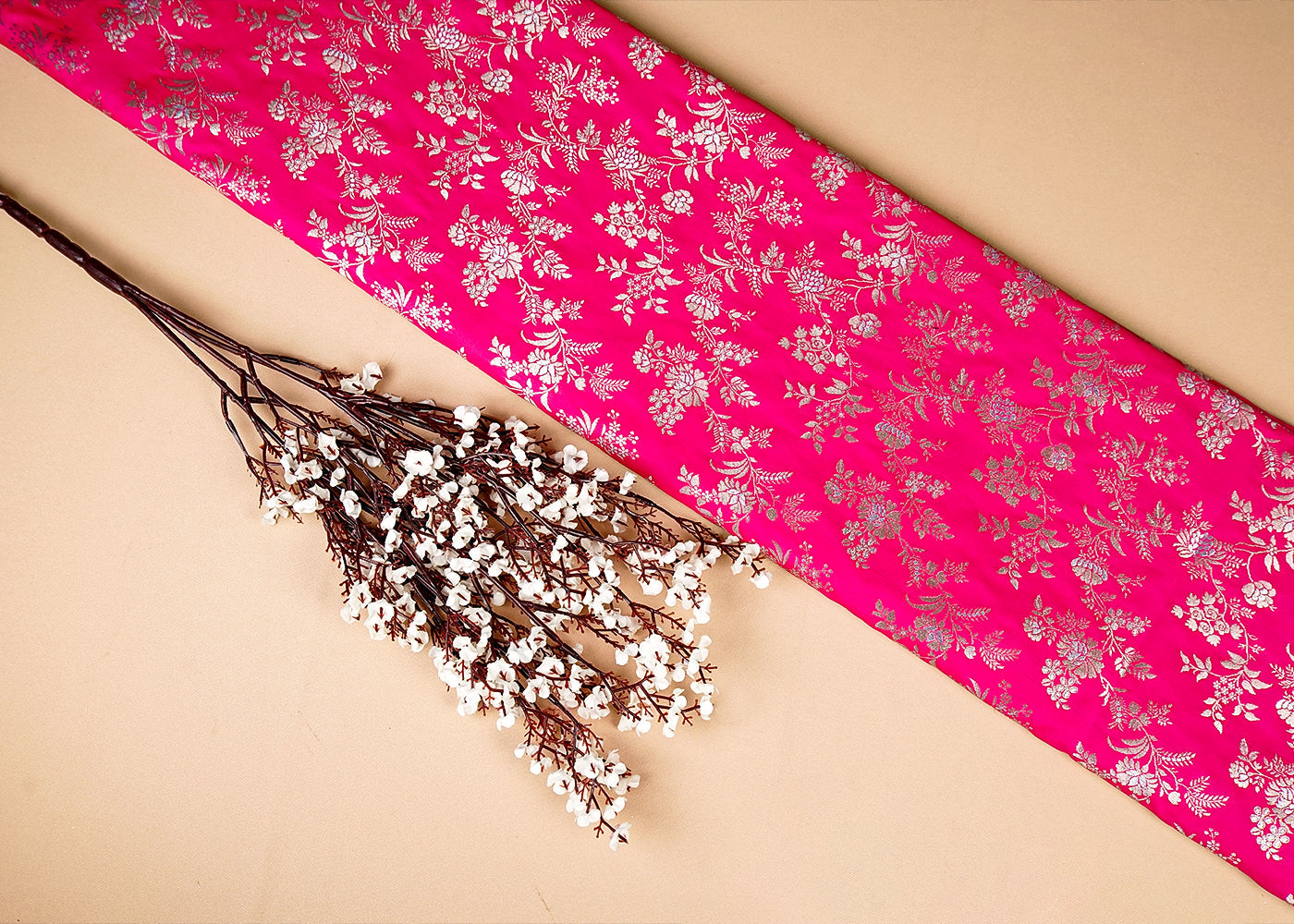Pink Banarasi Brocade Fabric With Allover Golden Zari Handloom 15983