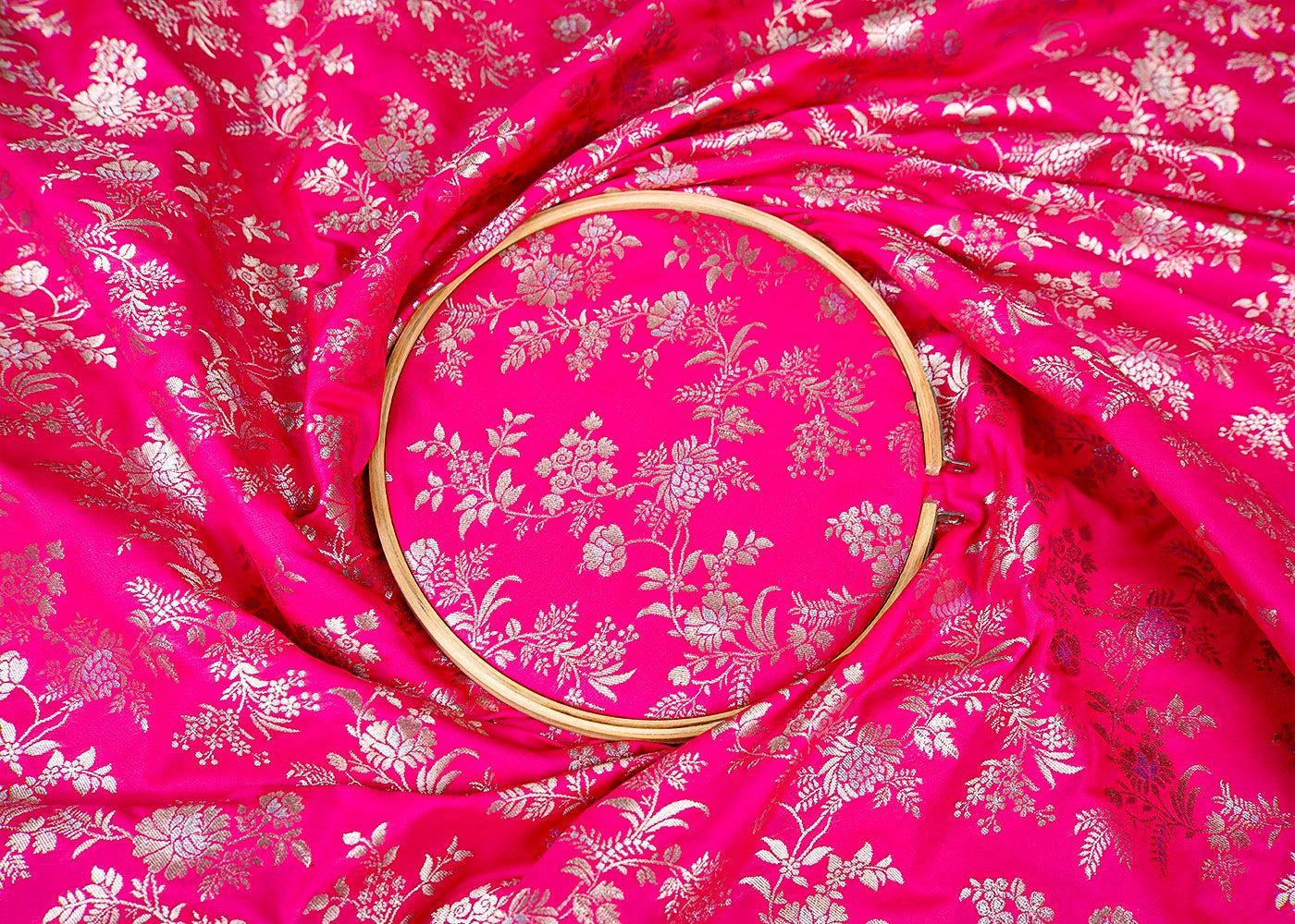 Pink Banarasi Brocade Fabric With Allover Golden Zari Handloom 15983