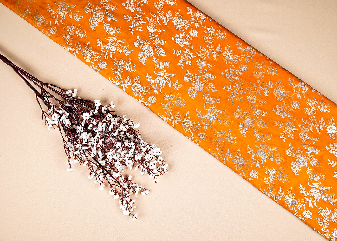 Mustard Banarasi Brocade Fabric With Allover Silver And Golden Zari Handloom 15984