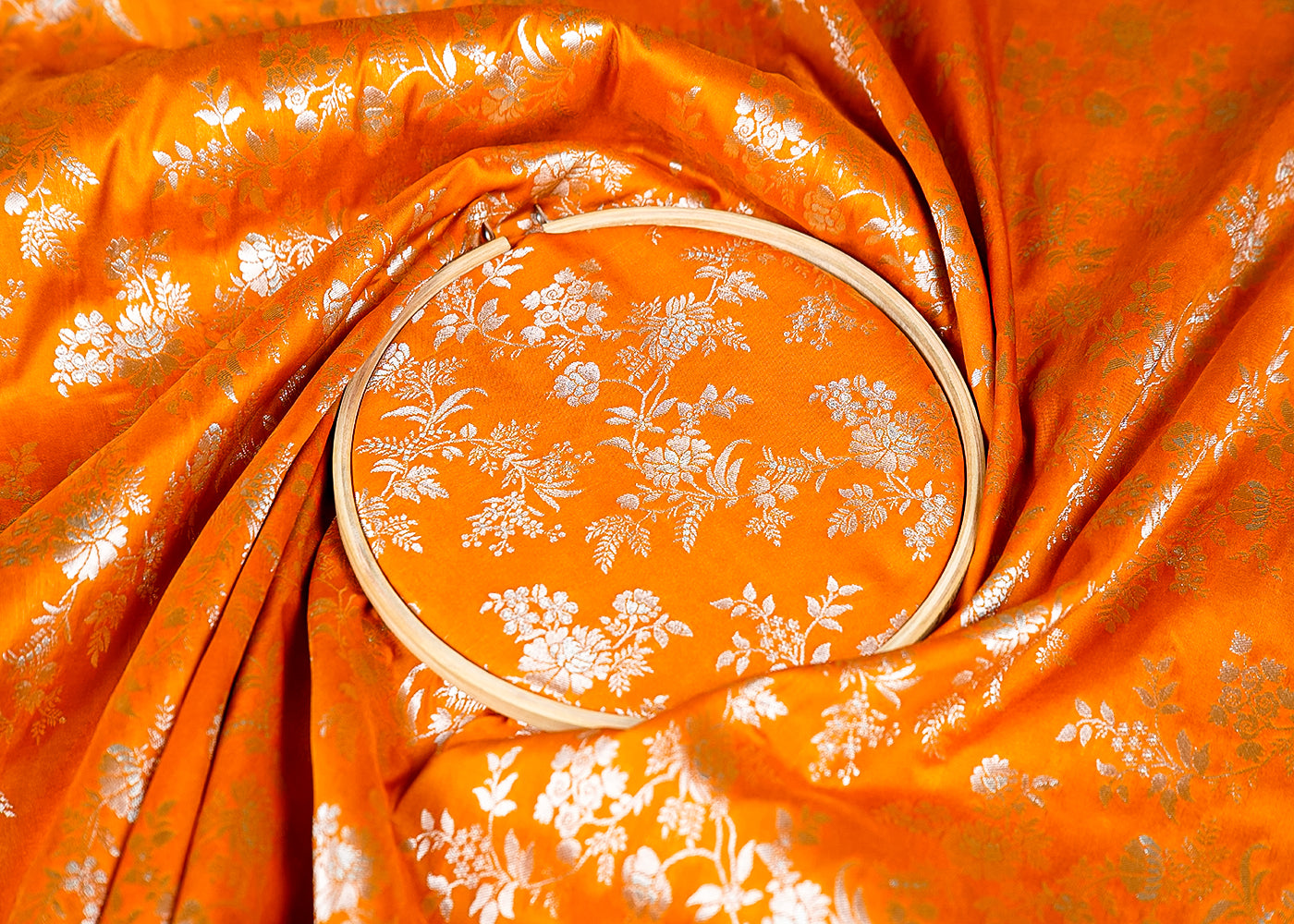 Mustard Banarasi Brocade Fabric With Allover Silver And Golden Zari Handloom 15984