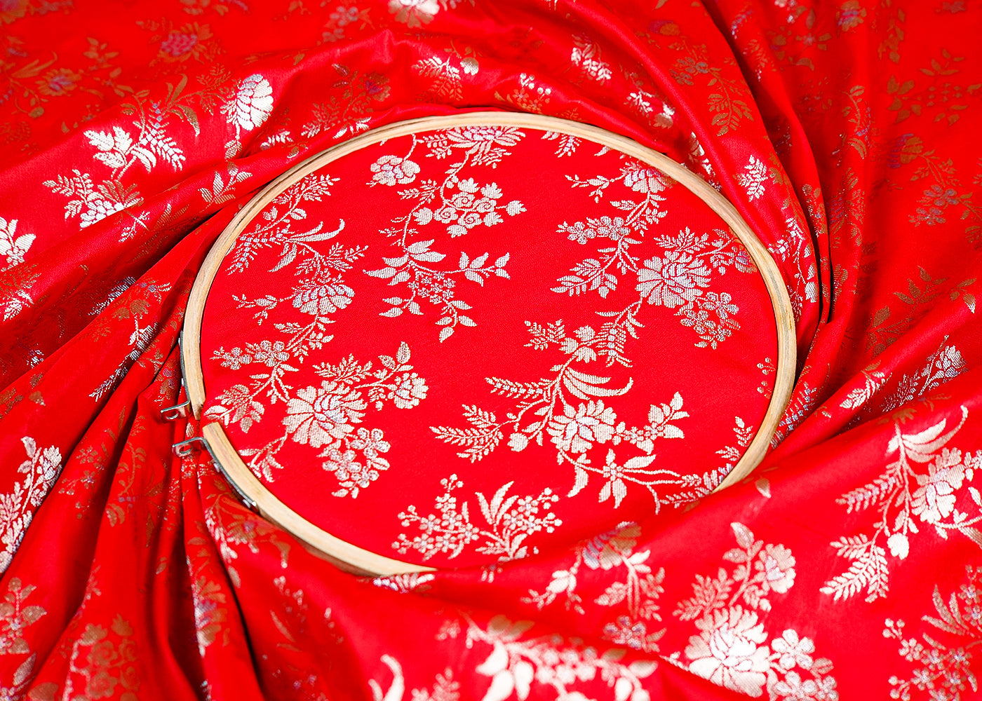 Red Banarasi Brocade Fabric With Allover Silver And Golden Zari Handloom 15985