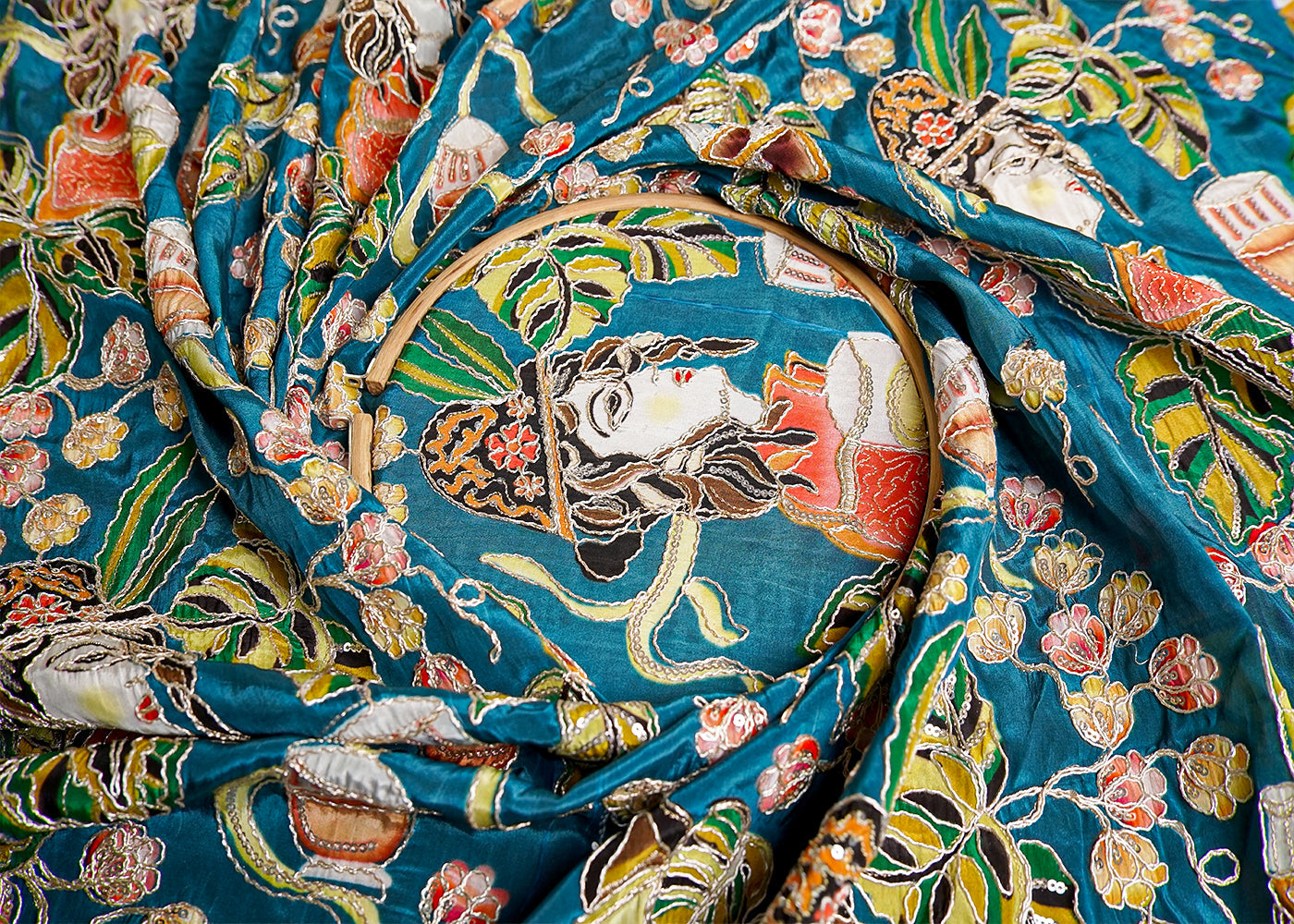 Teal Blue Crepe Fabric with All Over Zari and Sequins Work with Abstract Print 15986