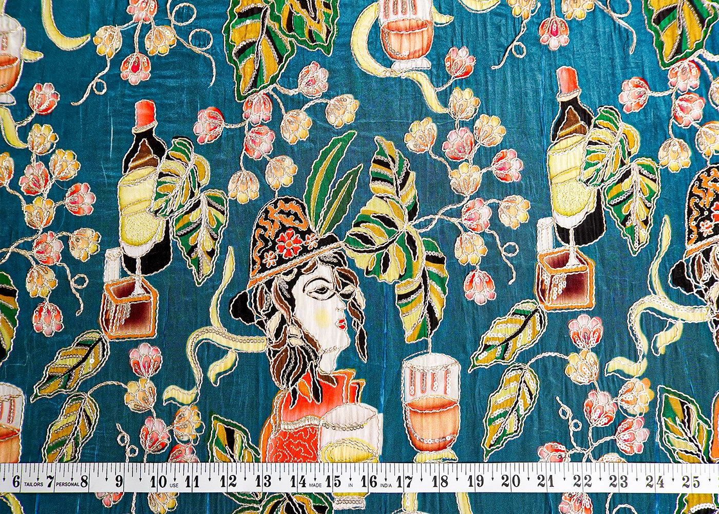Teal Blue Crepe Fabric with All Over Zari and Sequins Work with Abstract Print 15986