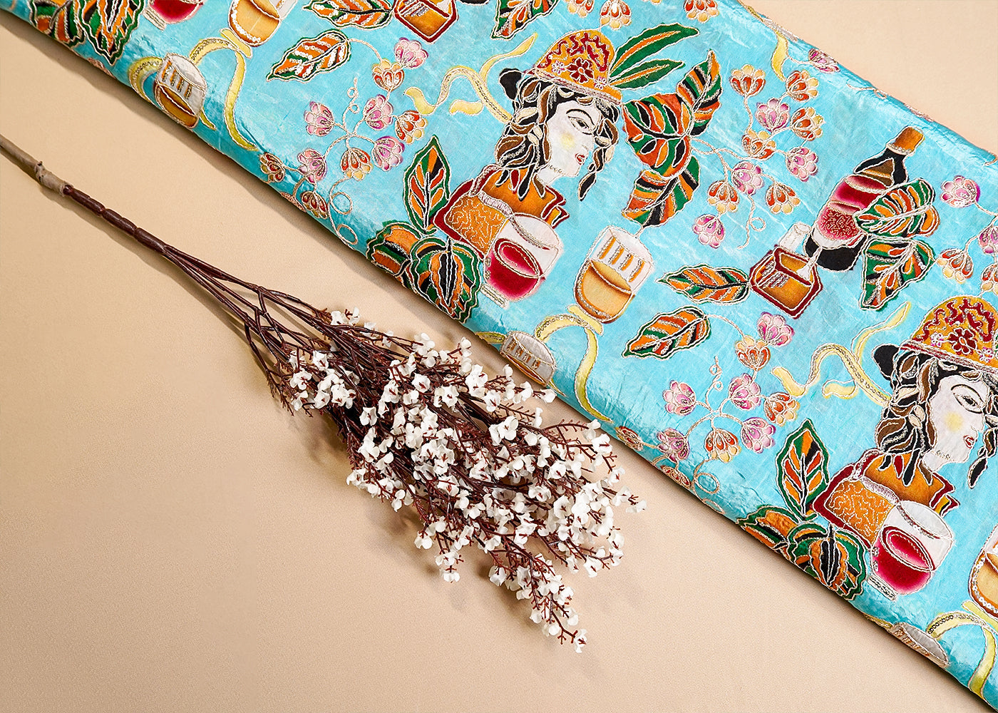 Sky Blue Crepe Fabric with All Over Zari and Sequins Work with Abstract Print 15987