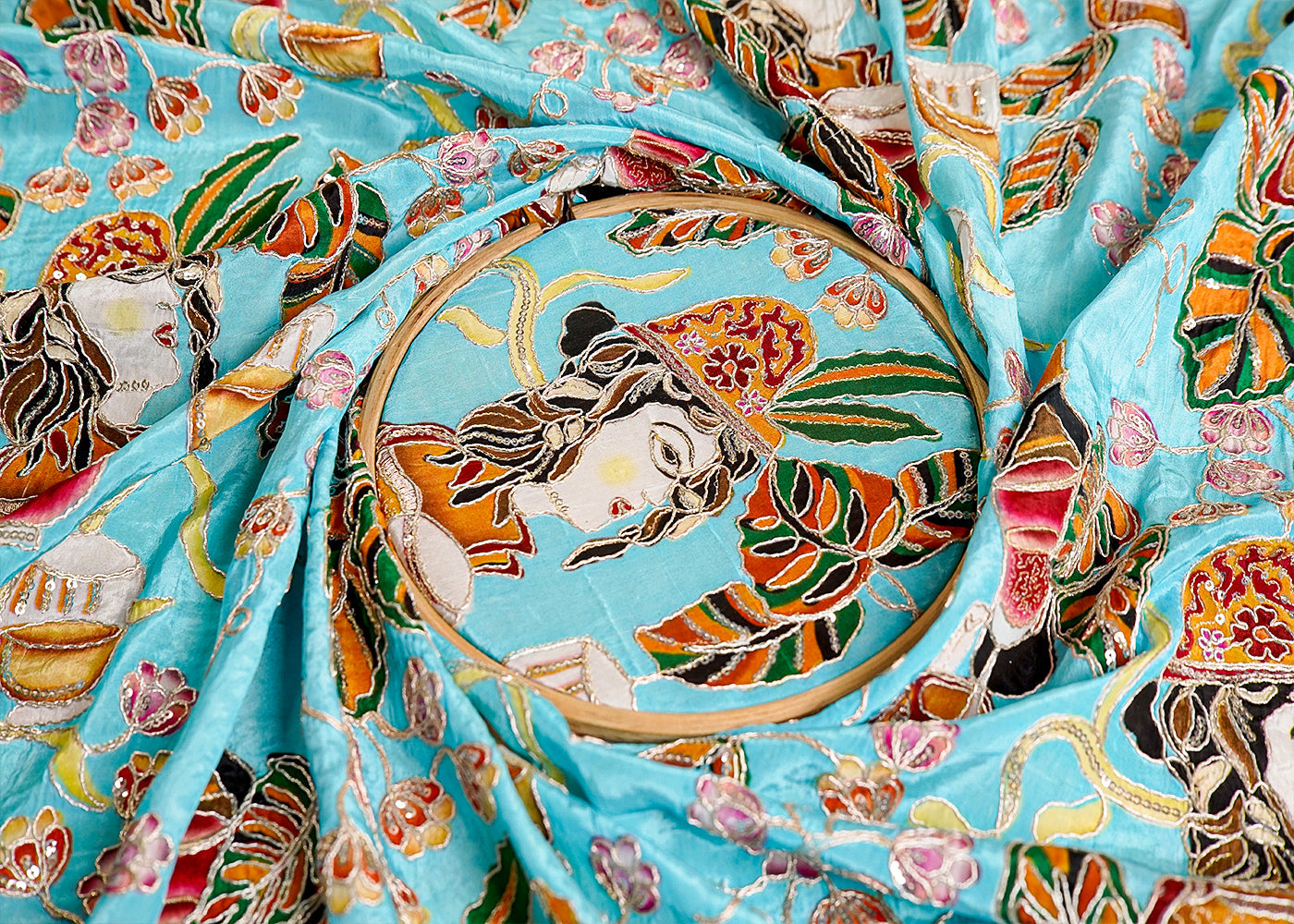 Sky Blue Crepe Fabric with All Over Zari and Sequins Work with Abstract Print 15987