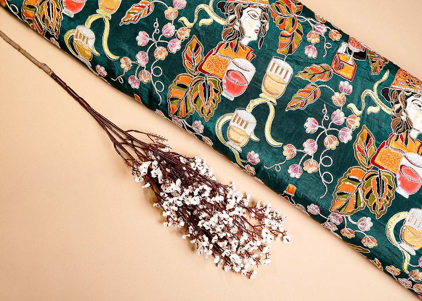Bottle Green Crepe Fabric with All Over Zari and Sequins Work with Abstract Print 15989