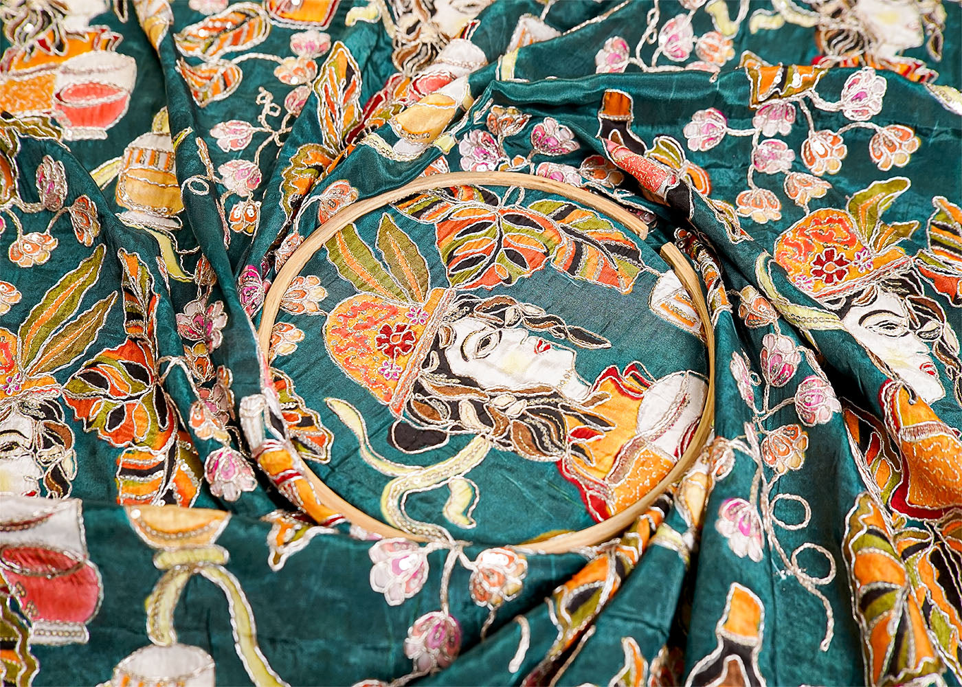 Bottle Green Crepe Fabric with All Over Zari and Sequins Work with Abstract Print 15989