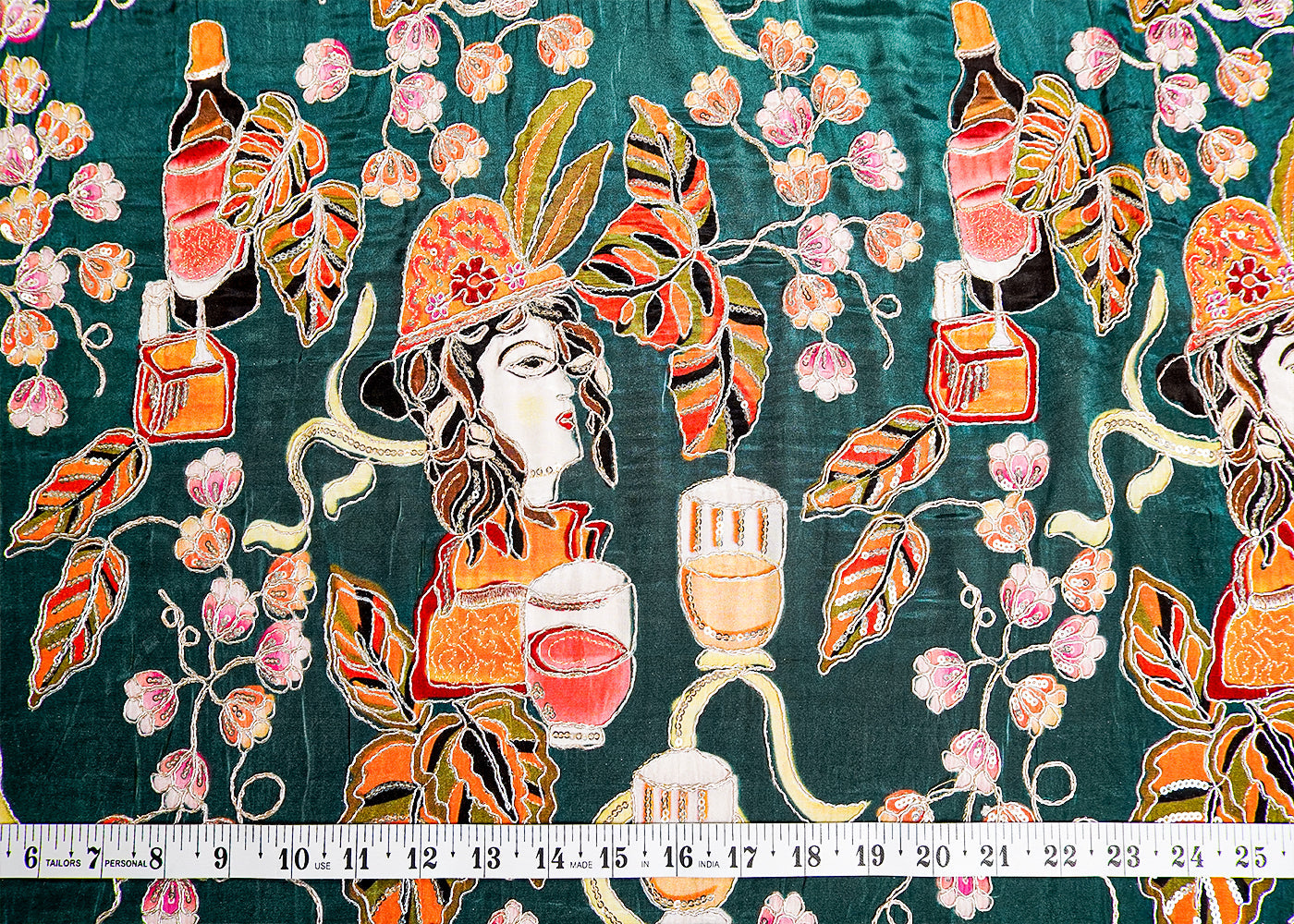 Bottle Green Crepe Fabric with All Over Zari and Sequins Work with Abstract Print 15989