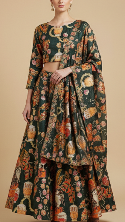 Bottle Green Crepe Fabric With All Over Zari And Sequins Work With Abstract Print 15989
