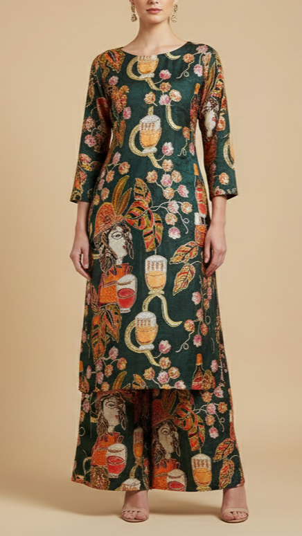 Bottle Green Crepe Fabric With All Over Zari And Sequins Work With Abstract Print 15989