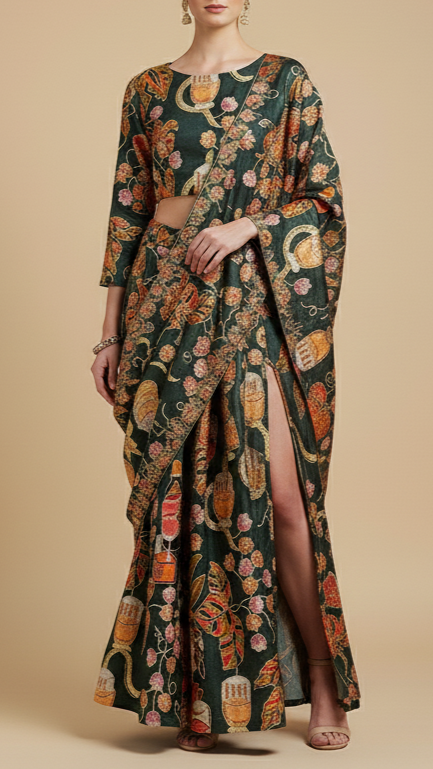 Bottle Green Crepe Fabric With All Over Zari And Sequins Work With Abstract Print 15989