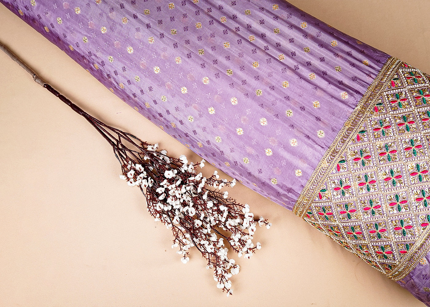 Lavender Silk Fabric With All Over Zari Buti With One Side Zari, Thread and Sequins Work Border 16001