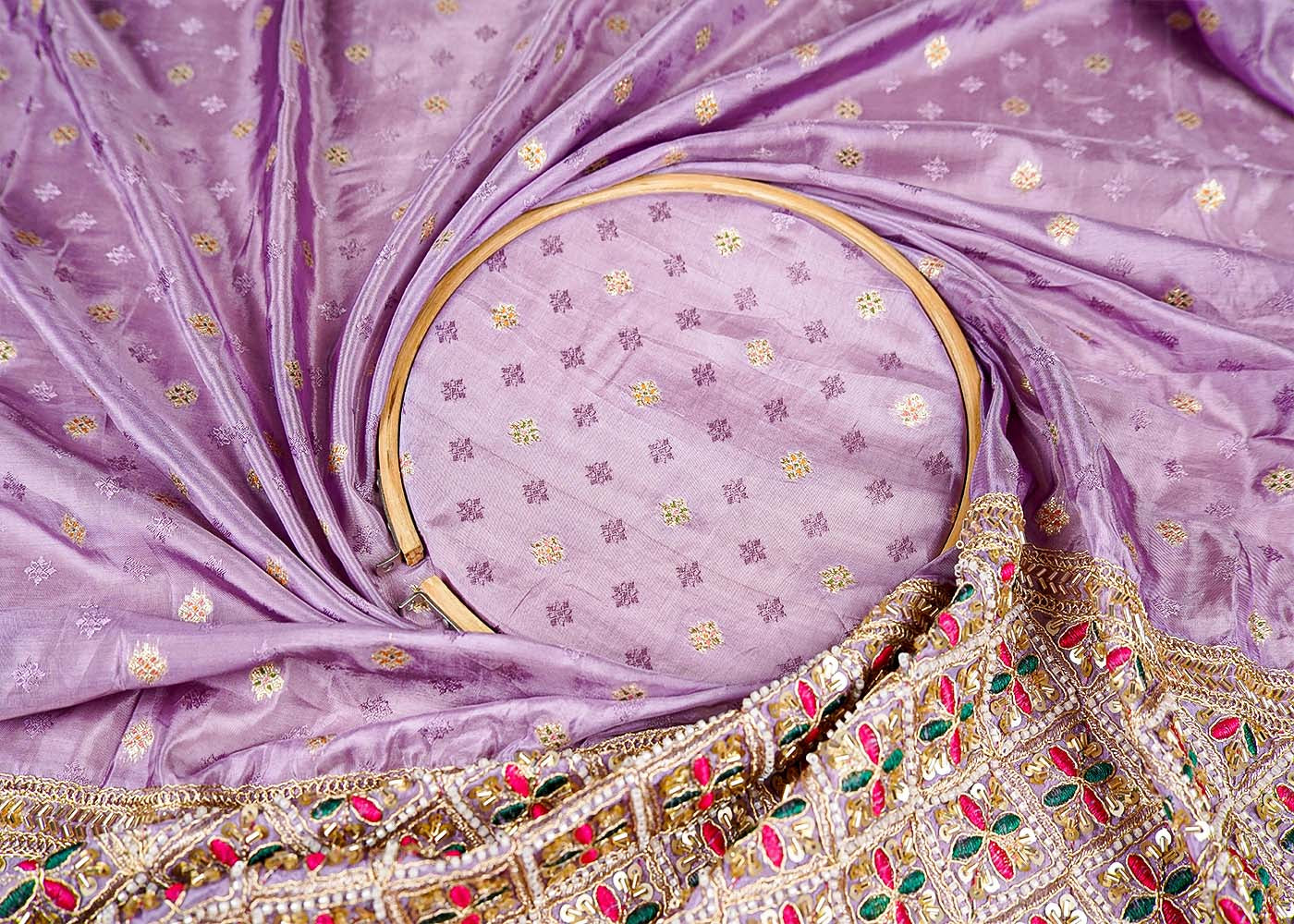 Lavender Silk Fabric With All Over Zari Buti With One Side Zari, Thread and Sequins Work Border 16001