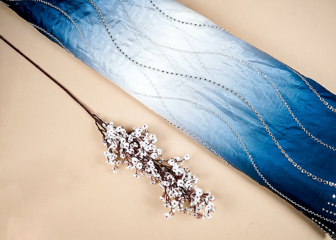Navy Blue Jimmy Choo Dupatta Fabric With Katdana and Sequins Work With Two Side Border 16102