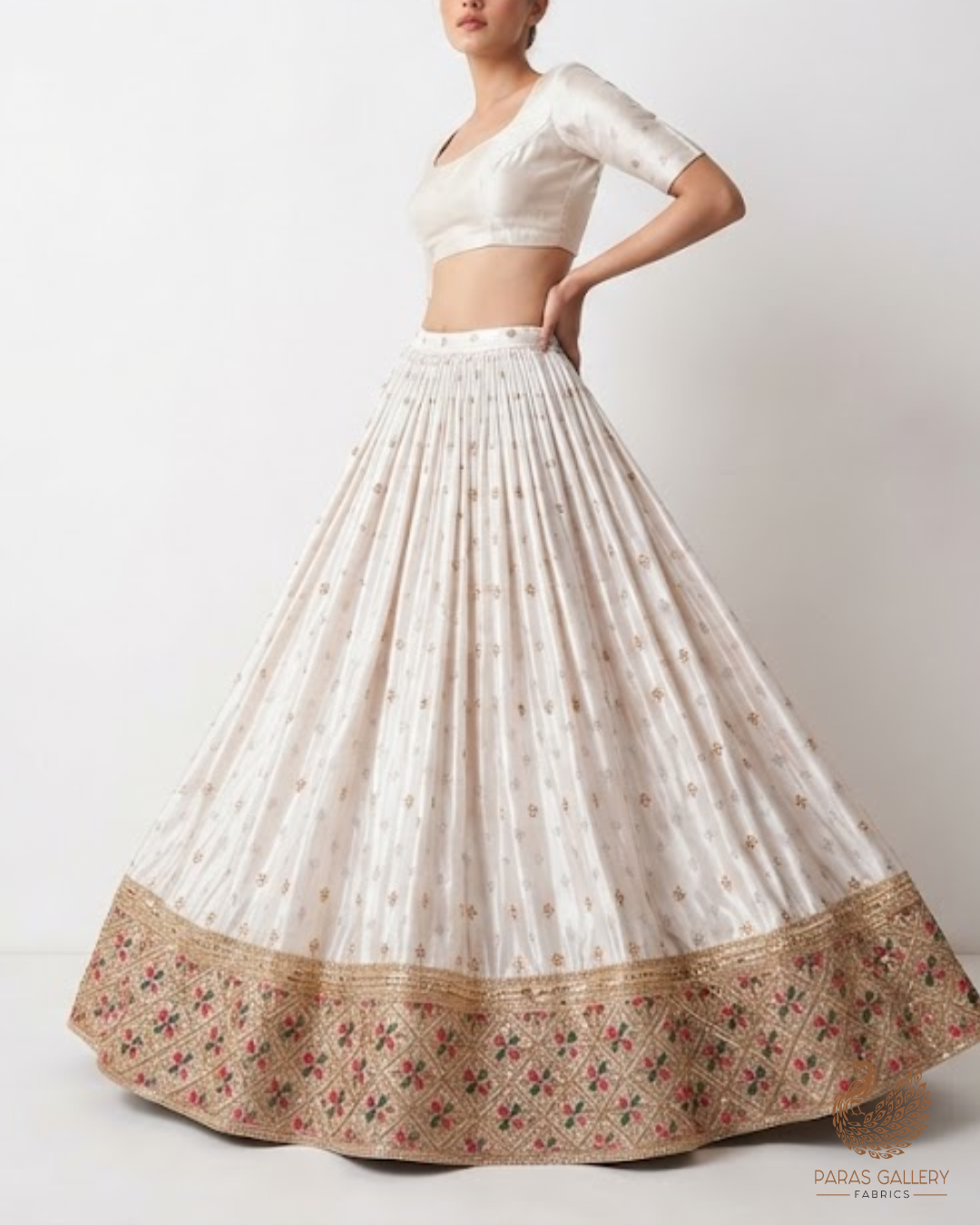 White Silk Fabric With All Over Zari Buti With One Side Zari, Thread and Sequins Work Border 16003