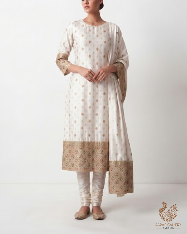 White Silk Fabric With All Over Zari Buti With One Side Zari, Thread and Sequins Work Border 16003