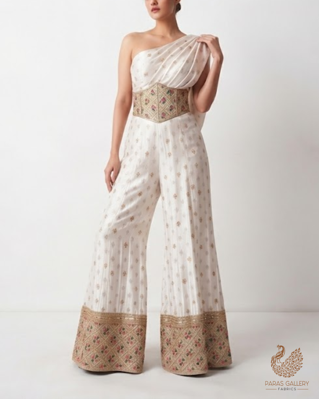 White Silk Fabric With All Over Zari Buti With One Side Zari, Thread and Sequins Work Border 16003