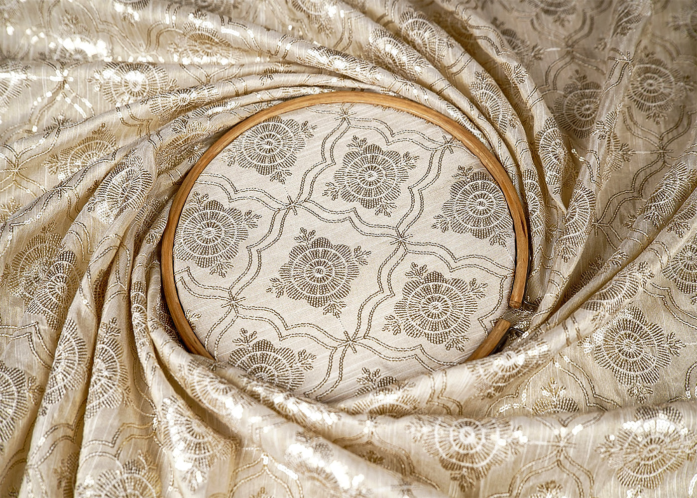 Golden Tissue Fabric With All Over Sequins Work 16004